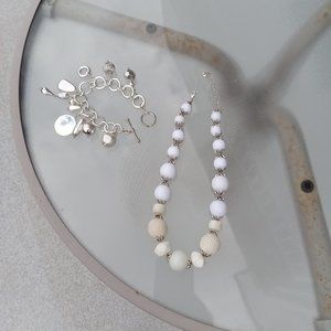 Ladies white beaded necklace choker length & chunky silver bracelet